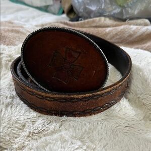 Men's Brown Leather Belt with Decorative Buckle